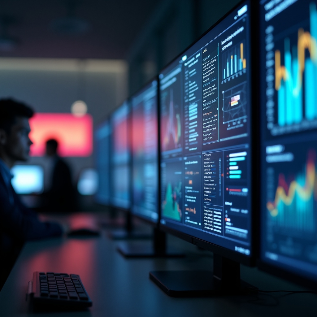 Mehrere Bildschirme in einem Büro zeigen Marketingdaten und Werbekampagnen