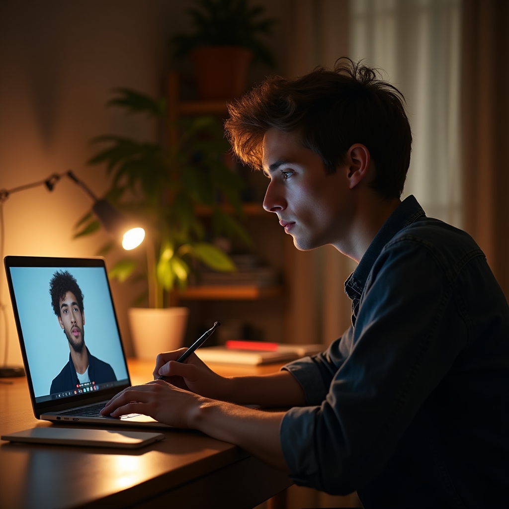 Person macht sich während eines Online-Webinars handschriftliche Notizen am Laptop