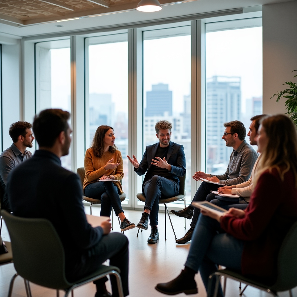 Gruppe von Erwachsenen sitzt im Kreis und diskutiert in einem hellen Seminarraum